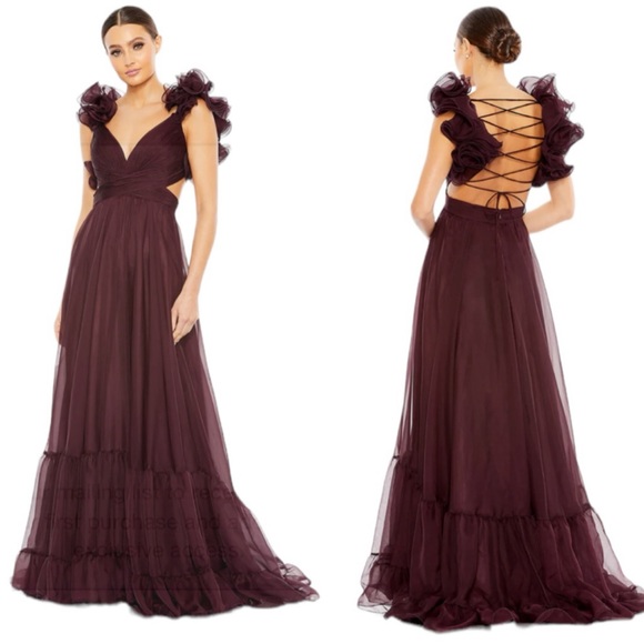 Mac Duggal Dresses & Skirts - Mac Duggal Ruffle Tiered Cut Out Chiffon Gown Open Back Size 10